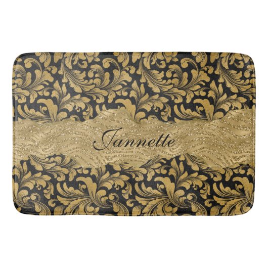 Chique Bloemen Glitterij Faux Zwart Goud Monogram Badmat (Voorkant)