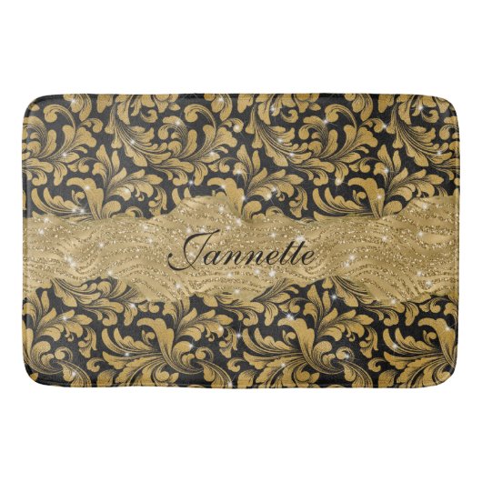 Chique Bloemen Glitterij Faux Zwart Goud Monogram Badmat (Voorkant)