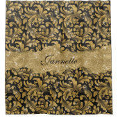 Chique Bloemen Glitterij Faux Zwart Goud Monogram Douchegordijn (Voorkant)