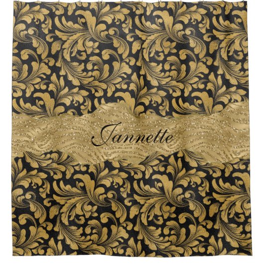 Chique Bloemen Glitterij Faux Zwart Goud Monogram Douchegordijn (Voorkant)