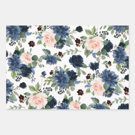 Chique Bloemen | Marineblauw en Blozende Bloemmoti Inpakpapier Vel (Voorkant)