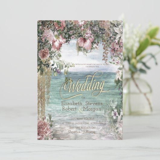 Chique bloemen oceaan bruiloft kaart (Staand voorkant)