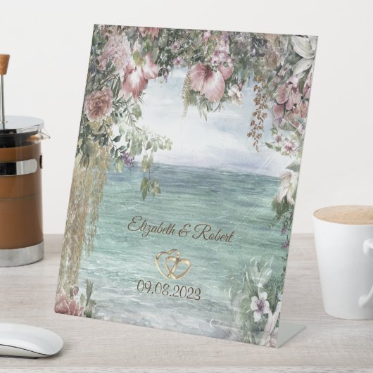 Chique bloemen oceaan bruiloft reclamebord met voetstuk (Insitu)