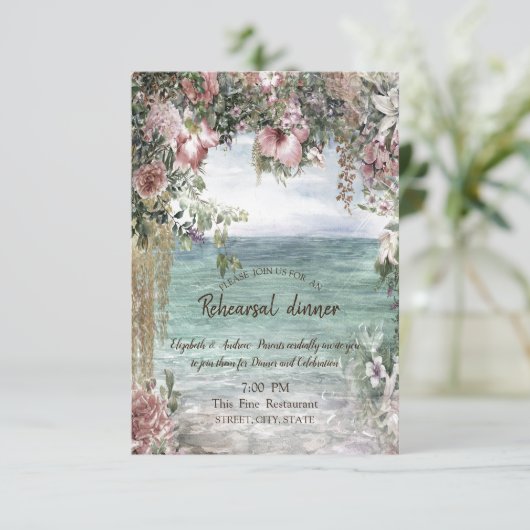 Chique bloemen oceaan repetitie diner kaart (Staand voorkant)