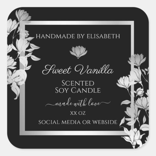 Chique Bloemen Product Verpakkingsetiketten Zwart  Vierkante Sticker (Voorkant)