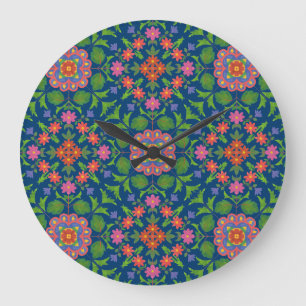 Chique Bloemen Rangoli Diep Blauw Acryl Wandklok