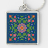 Chique Bloemen Rangoli op Deep Blue Square Sleutel Sleutelhanger (Voorkant)