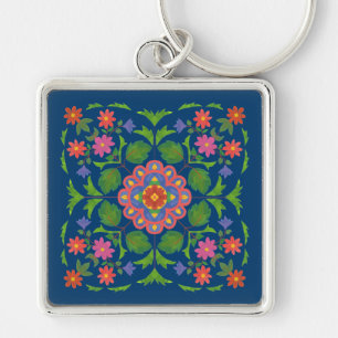 Chique Bloemen Rangoli op Deep Blue Square Sleutel Sleutelhanger