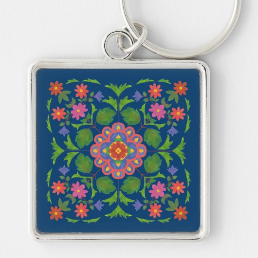 Chique Bloemen Rangoli op Deep Blue Square Sleutel Sleutelhanger (Voorkant)