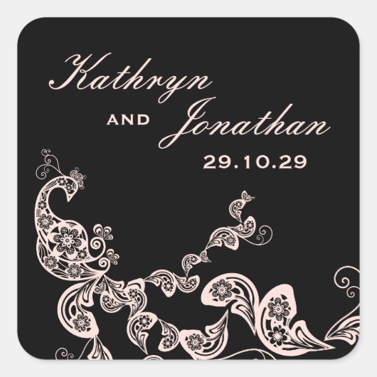  Chique Bloemen Roze Peacock Bohemian Bruiloft Vierkante Sticker (Voorkant)