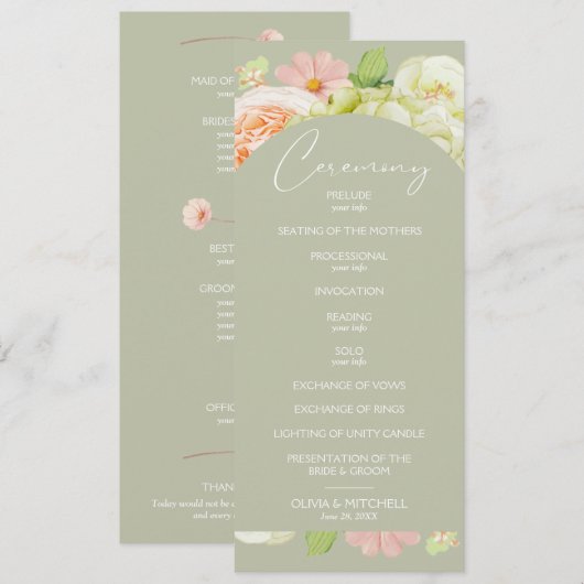 Chique Bloemen Sage Groene Huwelijksceremonie Programmakaart (Voorkant / Achterkant)