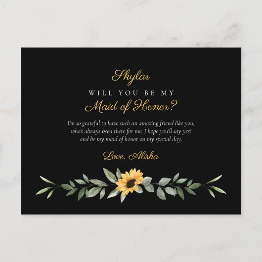 Chique Bloemen Zonnebloem zal je worden Maid of Ho Uitnodiging Briefkaart (Achterkant)