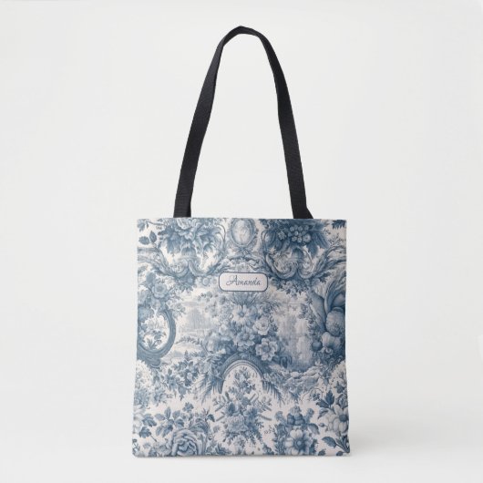 chique bloemenblauw toile de jouy monogram tote bag (Voorkant)
