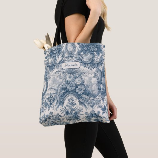 chique bloemenblauw toile de jouy monogram tote bag (Dichtbij)