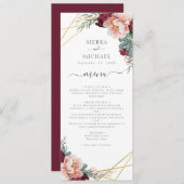 Chique bloemenblush bordeaux gouden bruiloft recep menu (Voorkant / Achterkant)
