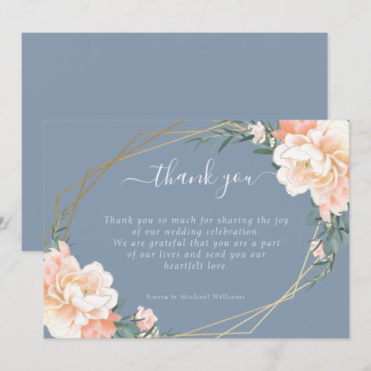 Chique bloemenblush perzik goud stoffige blauwe br bedankkaart (Voorkant / Achterkant)