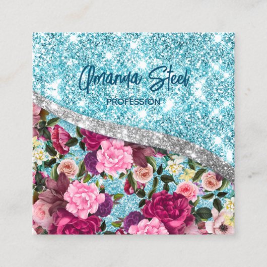 Chique bloemenglitterij aqua paarse zilver monogra vierkante visitekaartje