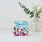 Chique bloemenglitterij aqua paarse zilver monogra vierkante visitekaartje (Staand voorkant)