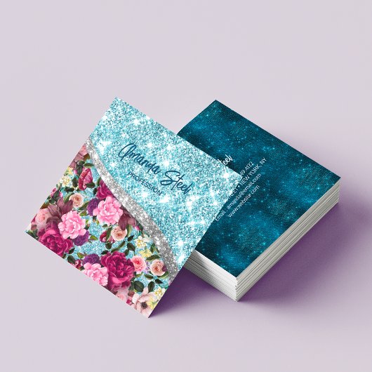 Chique bloemenglitterij aqua paarse zilver monogra vierkante visitekaartje