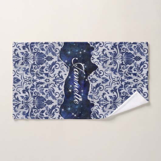 Chique bloemenglitterij Navy Blauw Zilver Monogram Bad Handdoek (Handdoek)