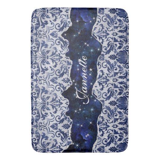 Chique bloemenglitterij Navy Blauw Zilver Monogram Badmat (Voorkant Verticaal)