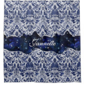 Chique bloemenglitterij Navy Blauw Zilver Monogram Douchegordijn (Voorkant)
