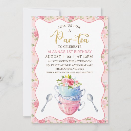 Chique bloemengolf theekopjes 1e verjaardag theefe kaart (Voorkant)