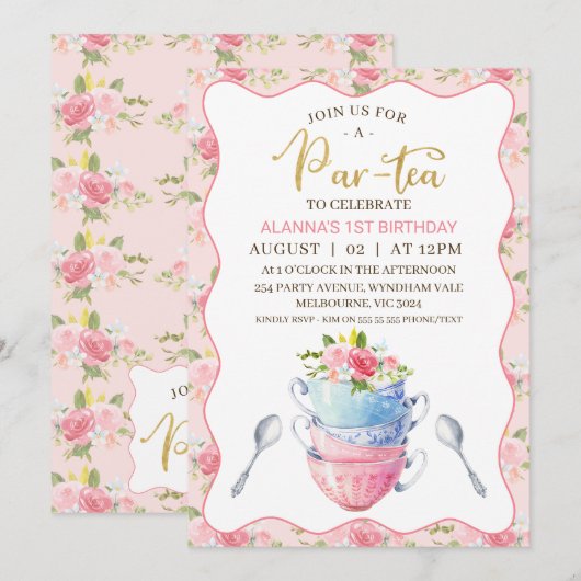 Chique bloemengolf theekopjes 1e verjaardag theefe kaart (Voorkant / Achterkant)