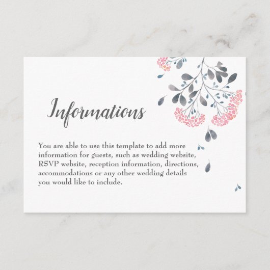 Chique bloemengrijs roze waterverf bruiloft detail informatiekaartje (Voorkant)