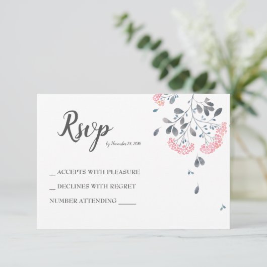 Chique bloemengrijs roze waterverf bruiloft RSVP (Staand voorkant)