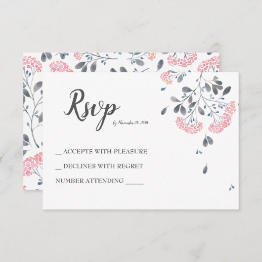 Chique bloemengrijs roze waterverf bruiloft RSVP (Voorkant / Achterkant)
