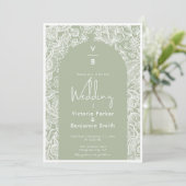 Chique Bloemenlijn Boho Arch Monogram Sage Bruilof Kaart (Staand voorkant)
