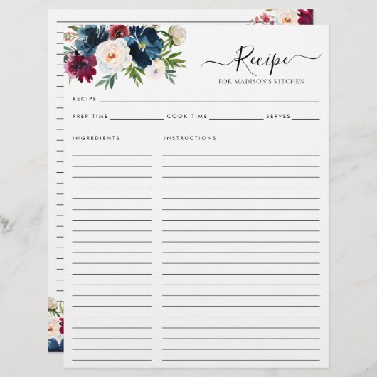 Chique bloemenmarine blauw bordeaux rood keukenrec (Voorkant / Achterkant)