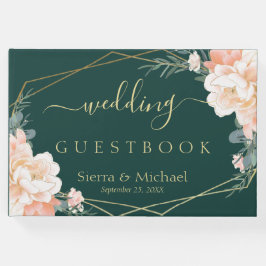 Chique bloemenperzik crème goud smaragd groen brui gastenboek