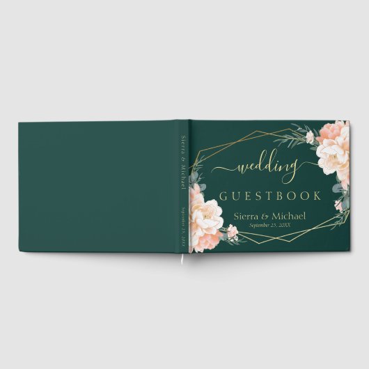 Chique bloemenperzik crème goud smaragd groen brui gastenboek (Volledig)