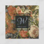 Chique  Bloemenrood blauw antraciet Monogram Vierkante Visitekaartje (Voorkant)