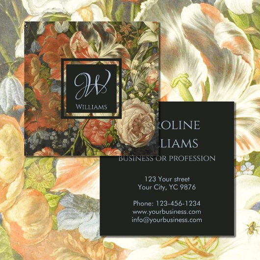 Chique  Bloemenrood blauw antraciet Monogram Vierkante Visitekaartje