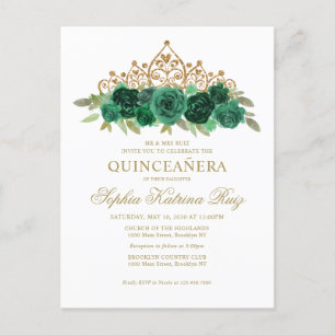 Chique bloemensmaragd groen goud tiara quinceañera briefkaart