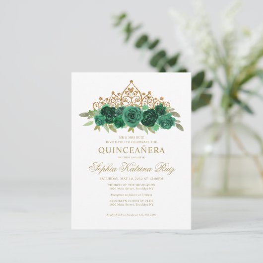 Chique bloemensmaragd groen goud tiara quinceañera briefkaart (Staand voorkant)