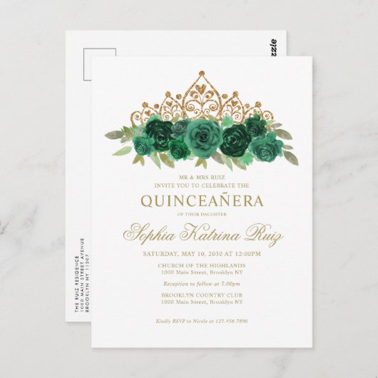 Chique bloemensmaragd groen goud tiara quinceañera briefkaart (Voorkant / Achterkant)
