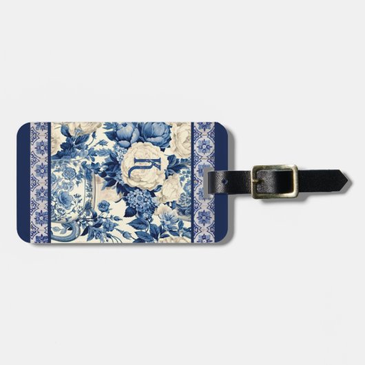 Chique bloemenvaas Blauwe chinoiserie toile monogr Bagagelabel (Voorkant horizontaal)