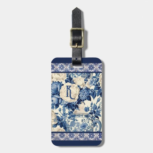 Chique bloemenvaas Blauwe chinoiserie toile monogr Bagagelabel (Voorkant verticaal)