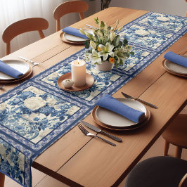 Chique bloemenvaas Blauwe chinoiserie toile monogr Korte Tafelloper