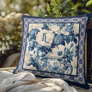Chique bloemenvaas Blauwe chinoiserie toile monogr Kussen