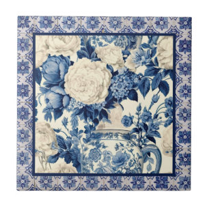 Chique bloemenvaas Blauwe chinoiserie toile monogr Tegeltje