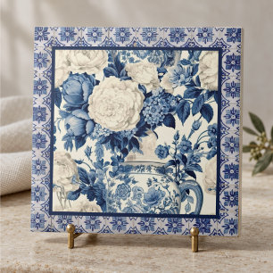 Chique bloemenvase Blauwe chinoiserie toile monogr Tegeltje