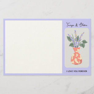 Chique bloemenvase-illustratie met lavendel briefpapier