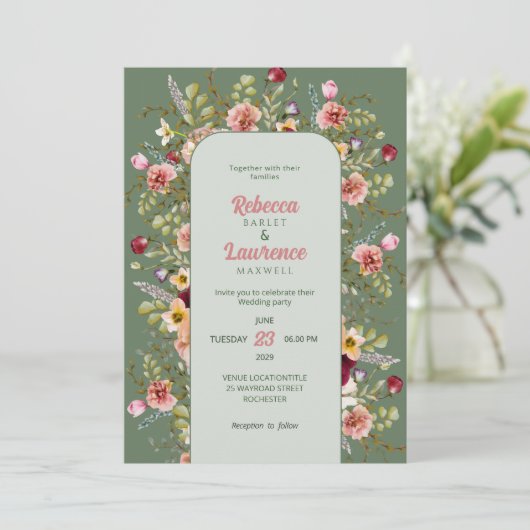 Chique bloemenweiden bruiloft uitnodiging (Staand voorkant)