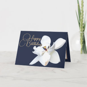 Chique bloemenwit magnolia bloem blauw verjaardag kaart