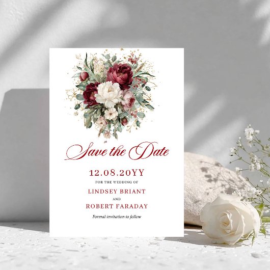 Chique bloemige blush bordeauxrood Save The Date-k Date